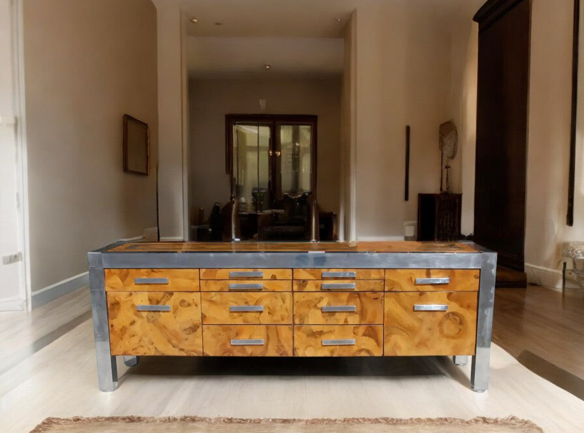 Leon Rosen for Pace Collection Burled Wood and Chrome Credenza