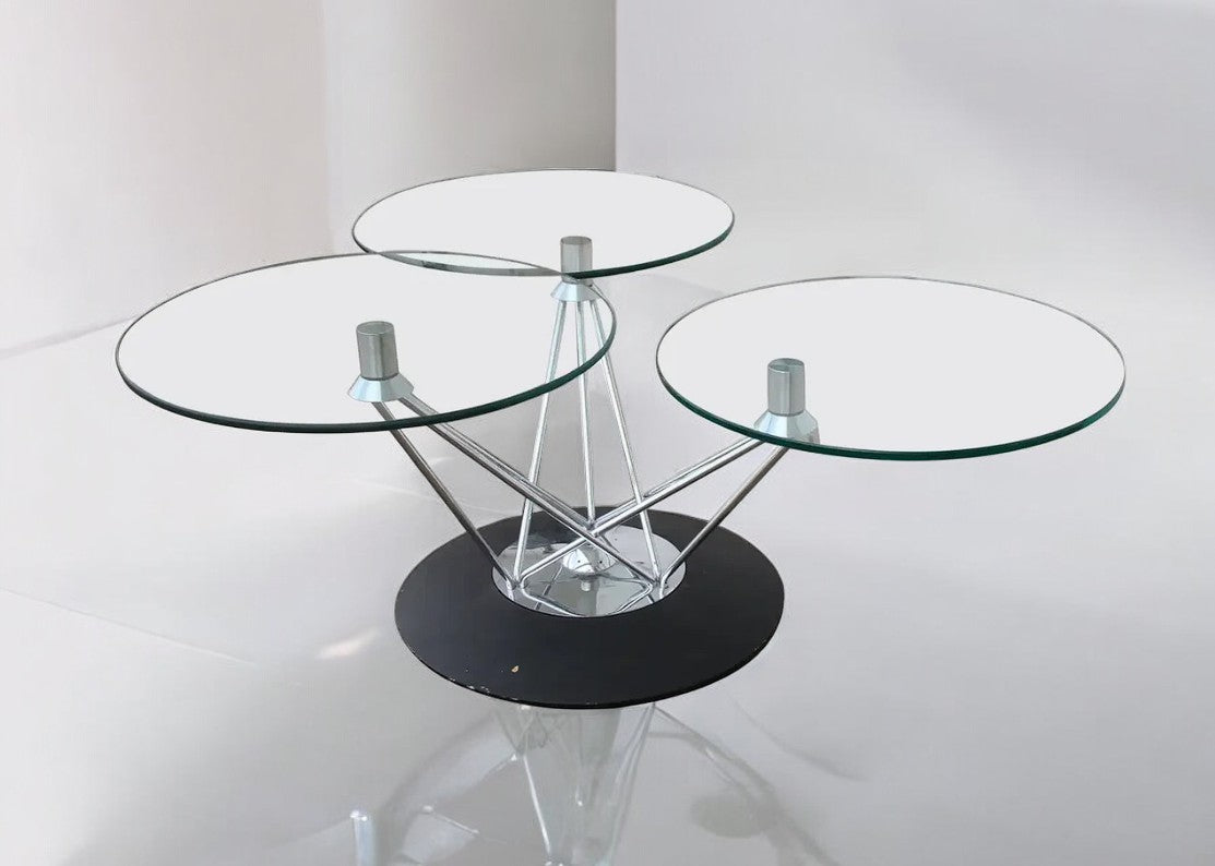 Modern Adjustable Swiveling Three Tier Chrome & Glass Cocktail Table