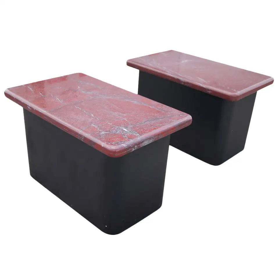 Pair of 18″ Red Marble and Wood Side End Tables