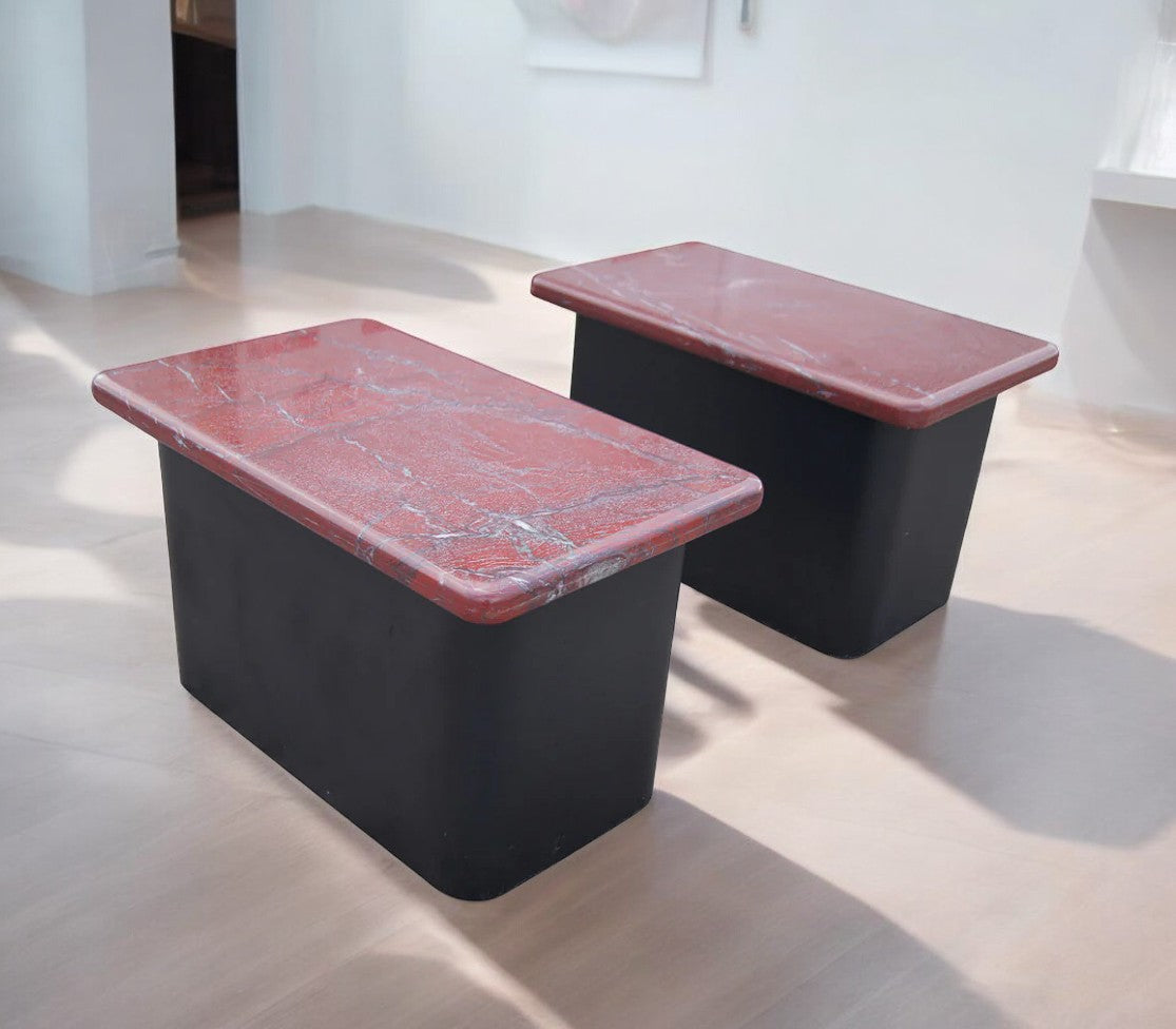 Pair of 18″ Red Marble and Wood Side End Tables