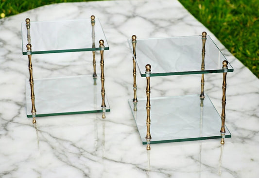 Pair of Baker Glass and Brass Faux Bamboo Occasional Tables