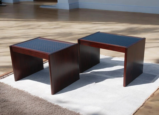 Pair of Komfort Danish Modern Rosewood End Side Tables with Geometric Grid