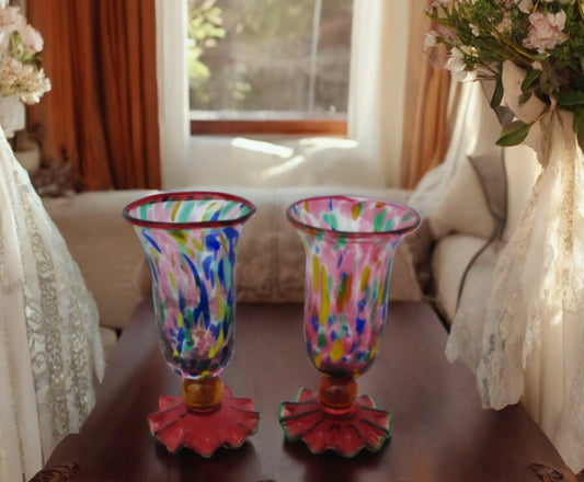 Pair of Multicolored Murano Goblets/Glasses with "Fazzoletto" Base