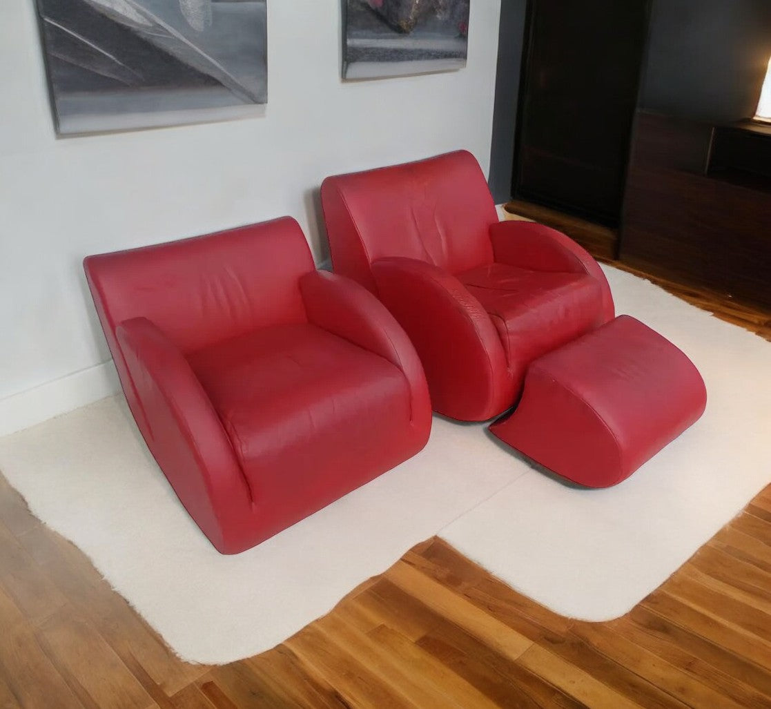 Pair of Vladimir Kagan "Rock Star" His and Her Lounge Chairs and Ottoman