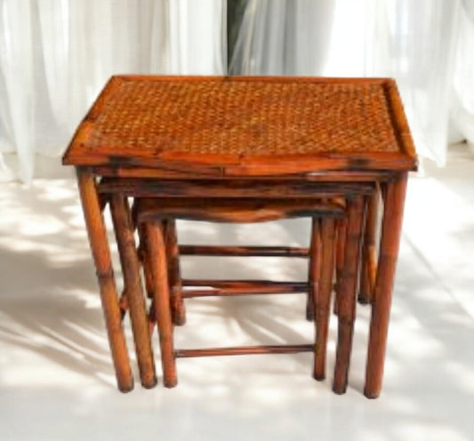 Set of 3 Bamboo and Cane Nesting Side Tables