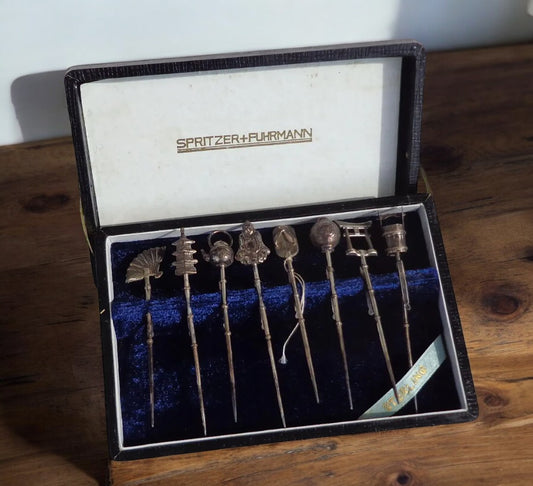 Set of 8 Sterling Silver Oriental Themed Hair Pins by Spritzer Fuhrmann