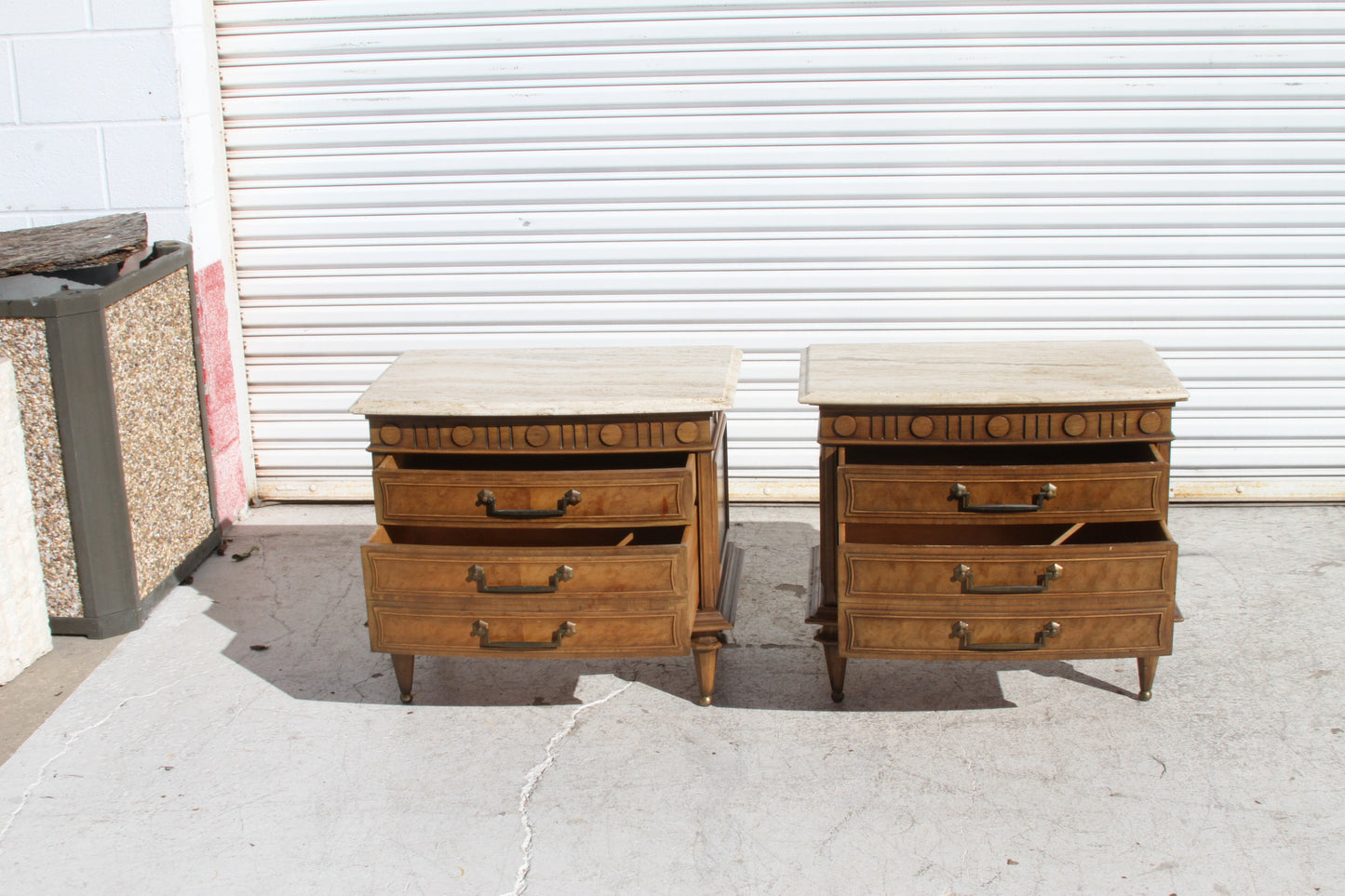 Upgrade your bedroom with these modern nightstands, featuring the natural beauty of Italian Travertine marble tops. This set of 2 nightstands is a timeless investment.