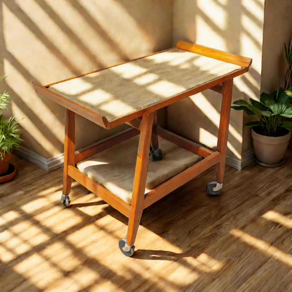 Vintage Mid Century Danish Jens Risom Teak Glass Bar Cart