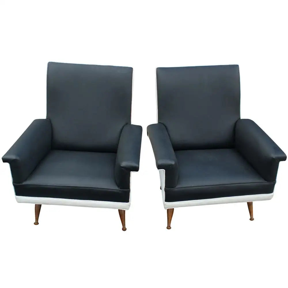 Pair Italian Vintage Black & White Arm Lounge Chairs