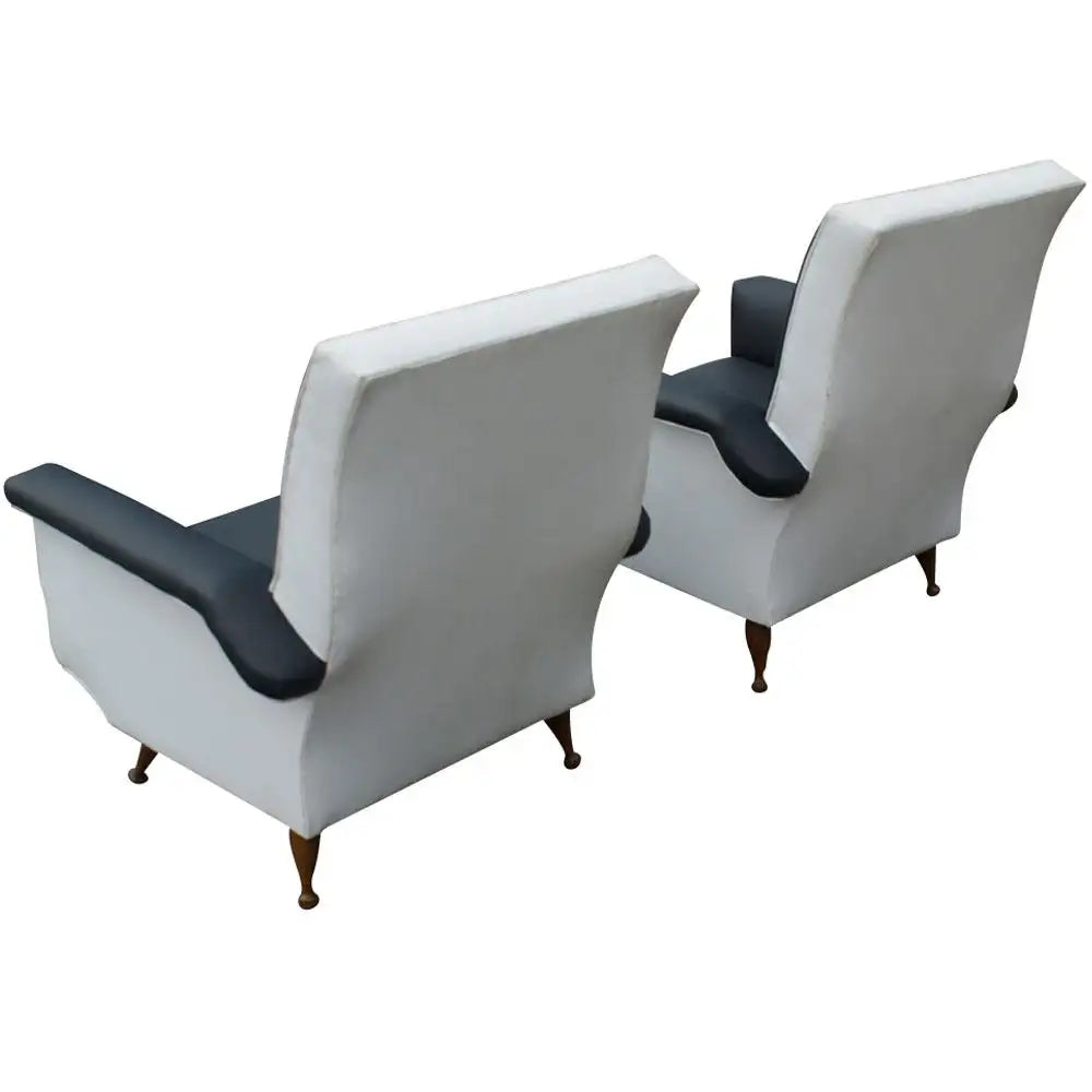 Pair Italian Vintage Black & White Arm Lounge Chairs