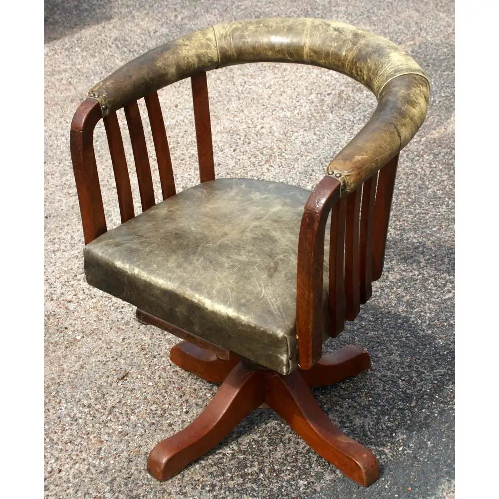 Vintage Wood Leather Swivel Desk Chair