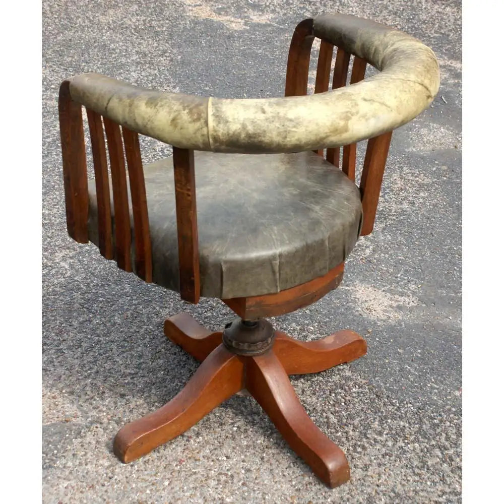 Vintage Wood Leather Swivel Desk Chair