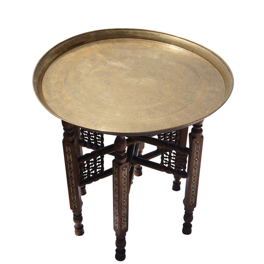 23″ Traditional Brass and Wood Morrocan Decorative Side Table