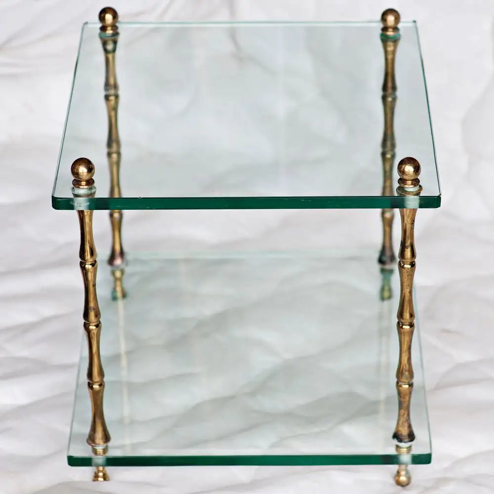 Pair of Baker Glass and Brass Faux Bamboo Occasional Tables