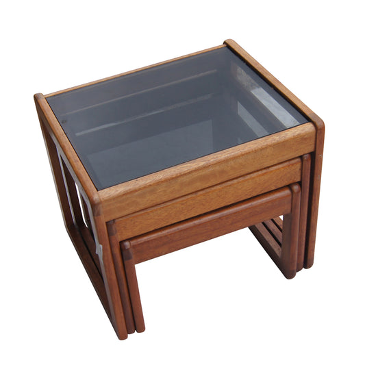 Set of Three Walnut and Glass Nesting Tables