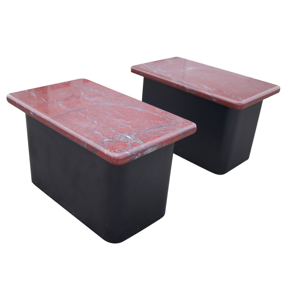 Pair of 18″ Red Marble and Wood Side End Tables