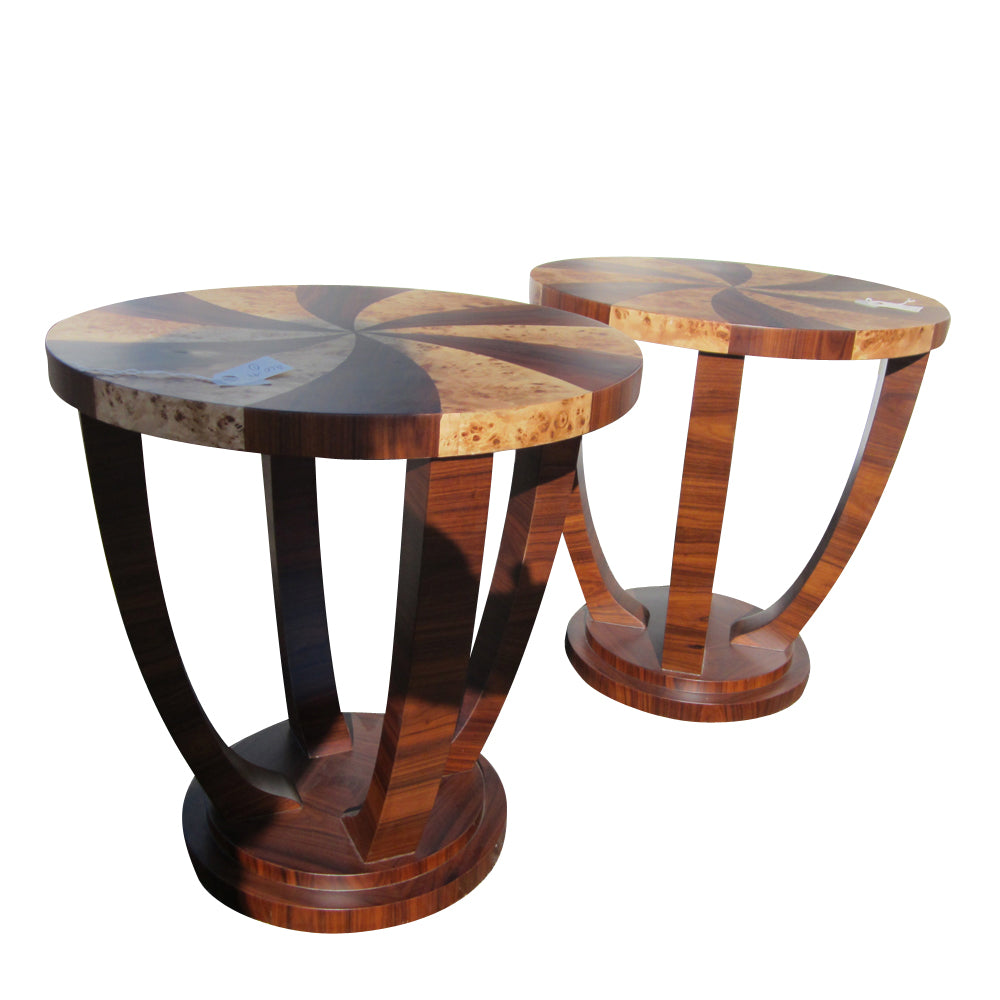 2 ft HT x 2 ft Dia. Pair of Art Deco Style Occasional Tables w/ Inlaid Burled Wood