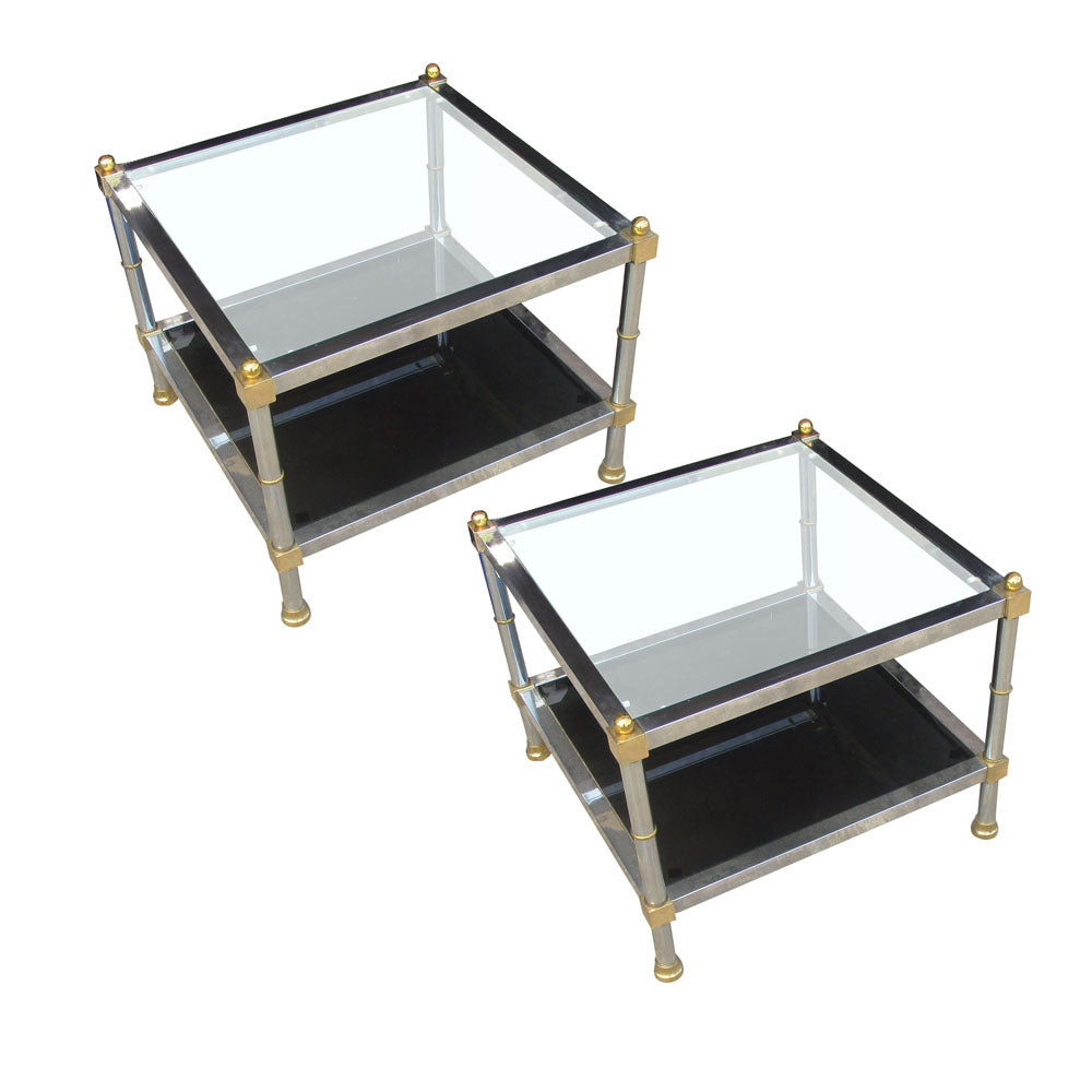 Pair of Chrome, Brass and Glass Side Tables