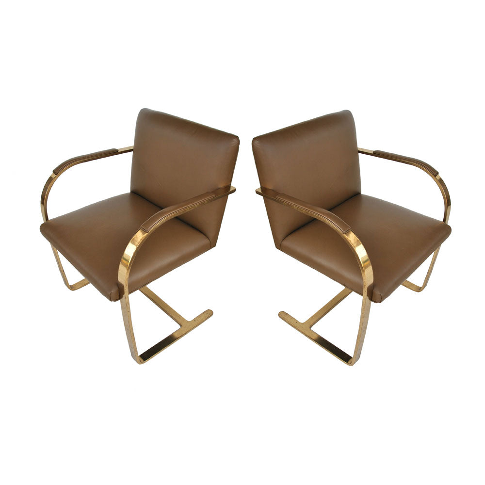 Pair of Knoll Brno Solid Brass Flat Bar Chairs, offering a blend of style and comfort, perfect for upscale homes, executive offices, and boutique settings.