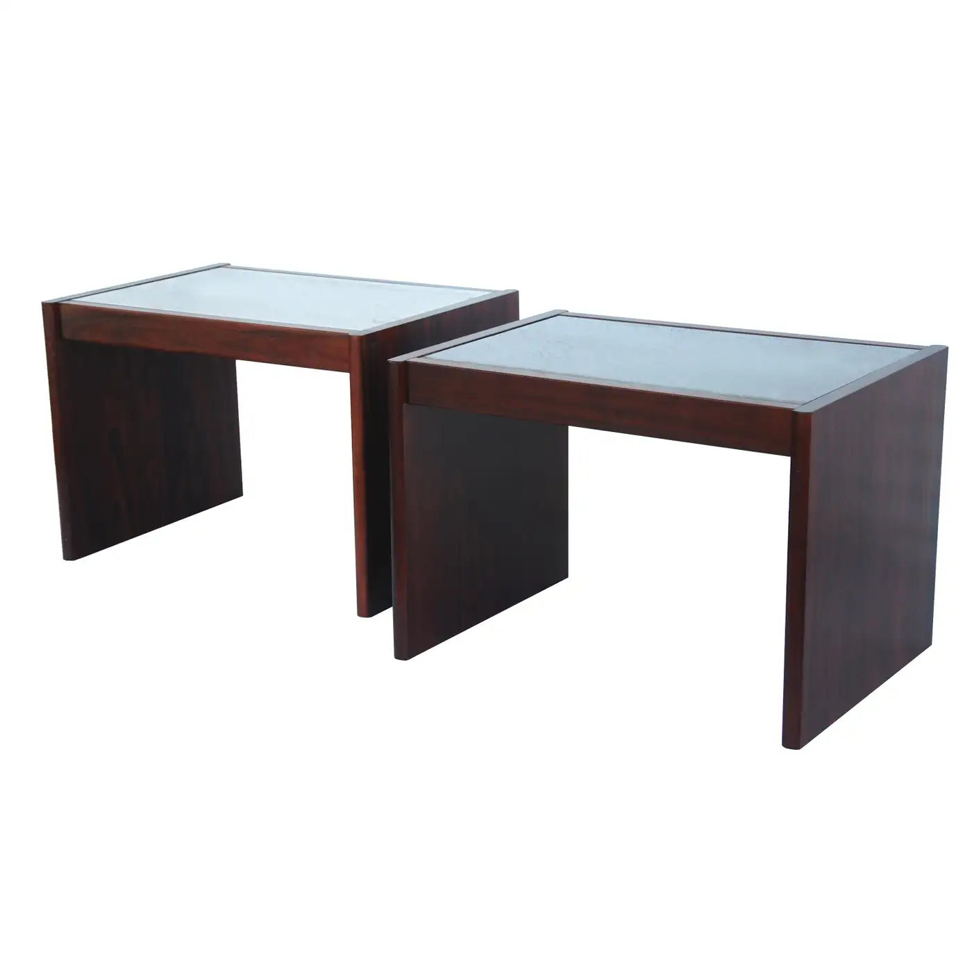 Pair of Komfort Danish Modern Rosewood End Side Tables with Geometric Grid