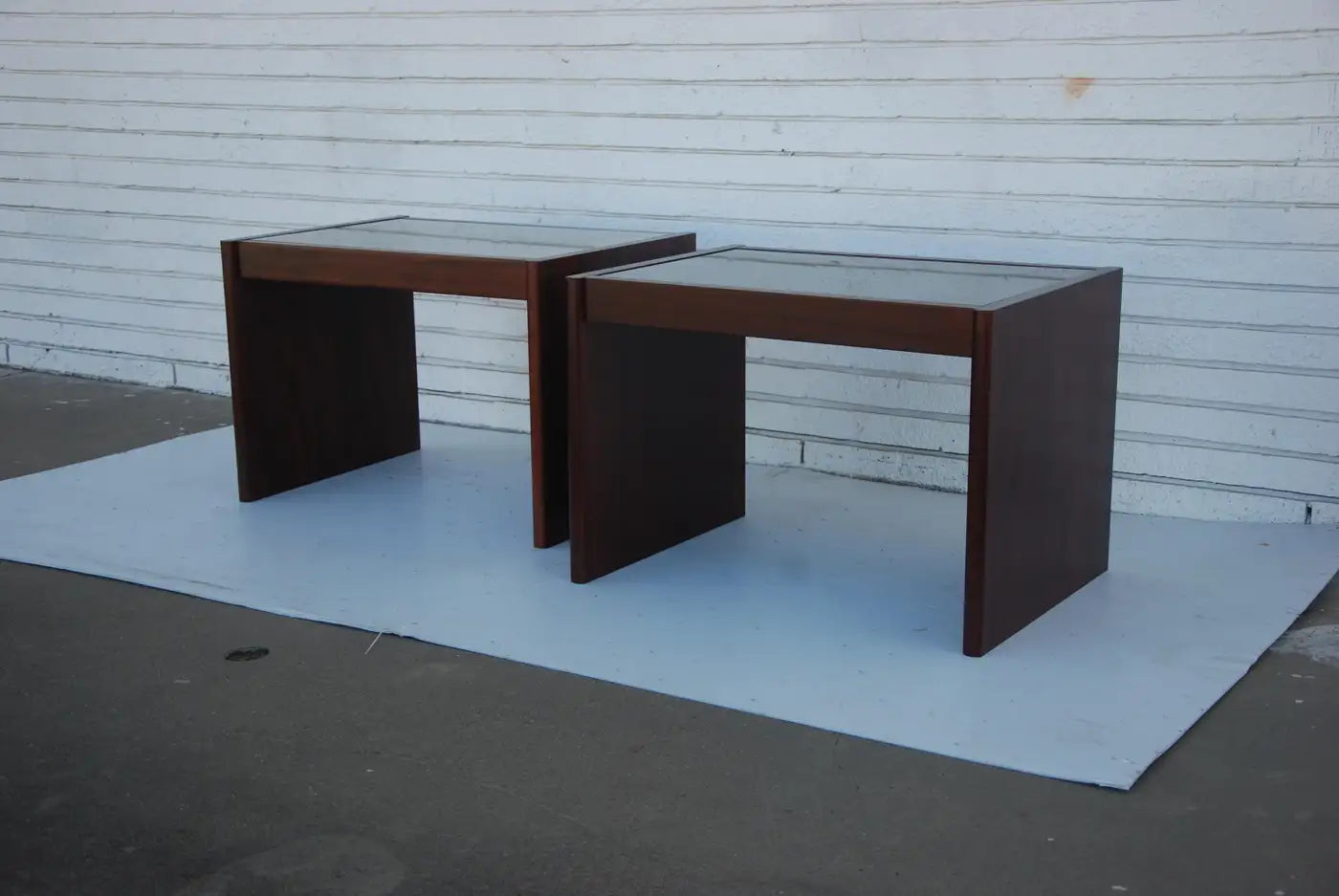 Pair of Komfort Danish Modern Rosewood End Side Tables with Geometric Grid