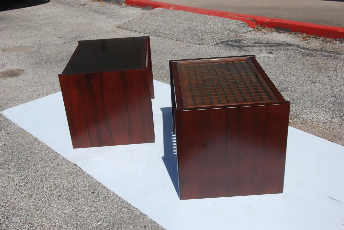 Pair of Komfort Danish Modern Rosewood End Side Tables with Geometric Grid