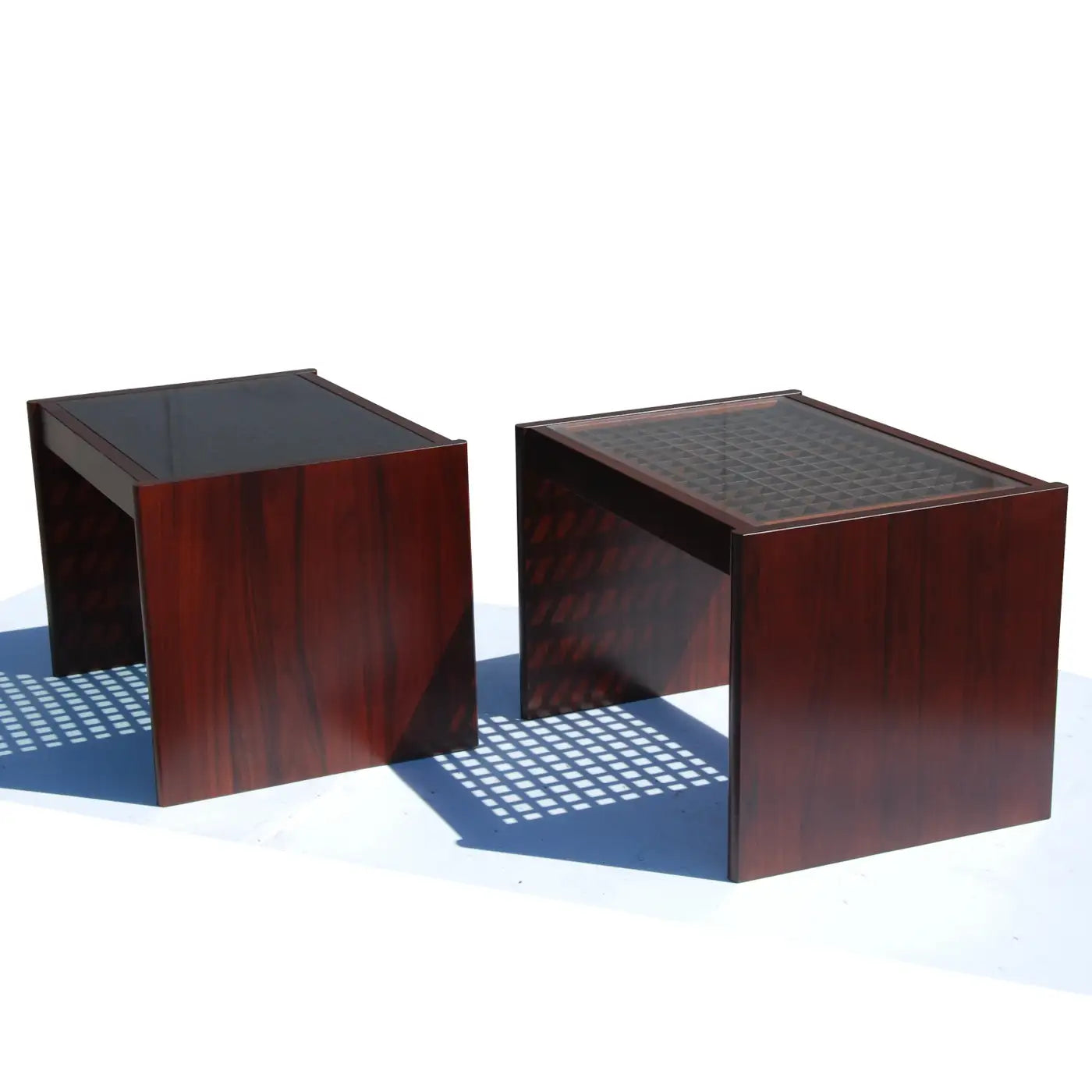 Pair of Komfort Danish Modern Rosewood End Side Tables with Geometric Grid