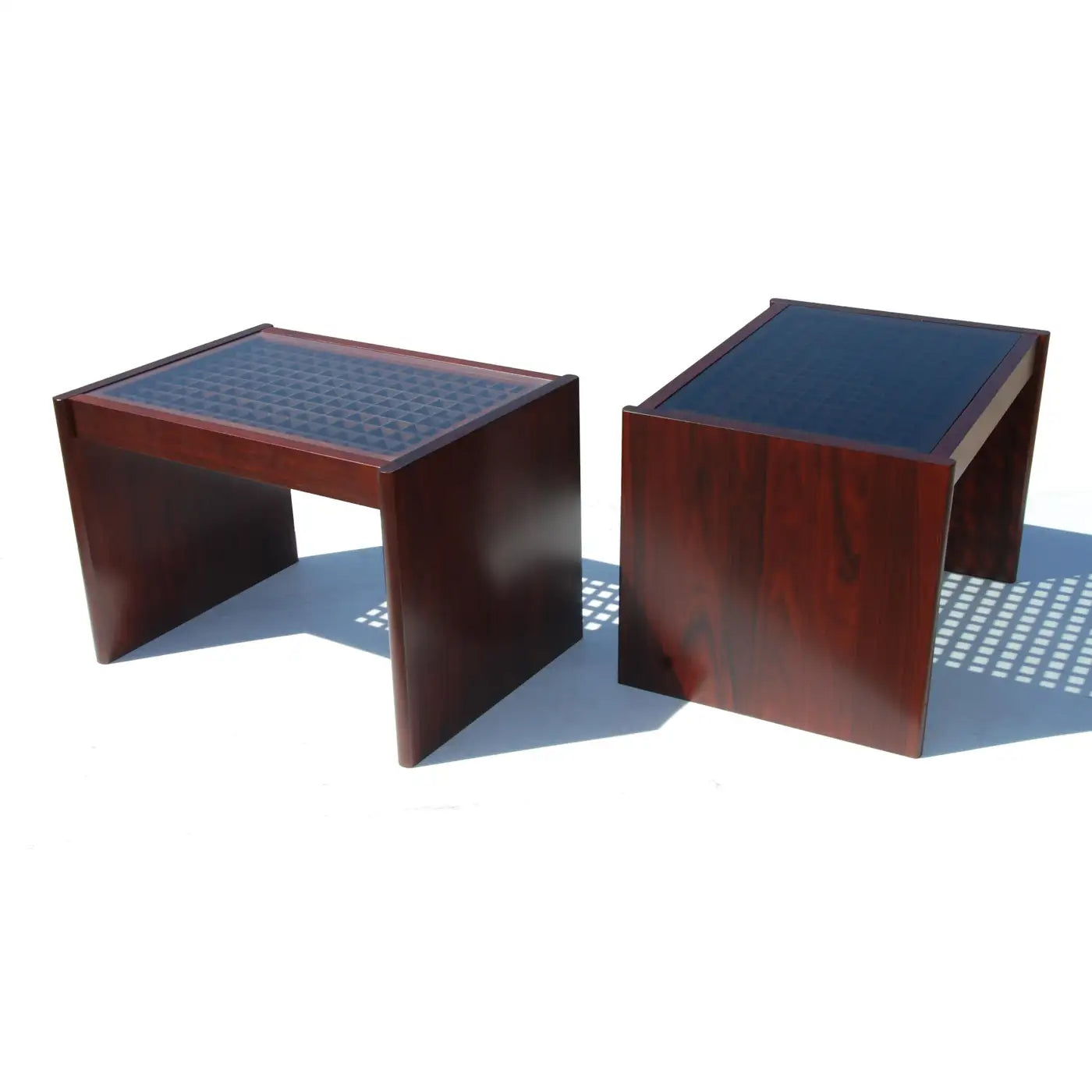 Pair of Komfort Danish Modern Rosewood End Side Tables with Geometric Grid