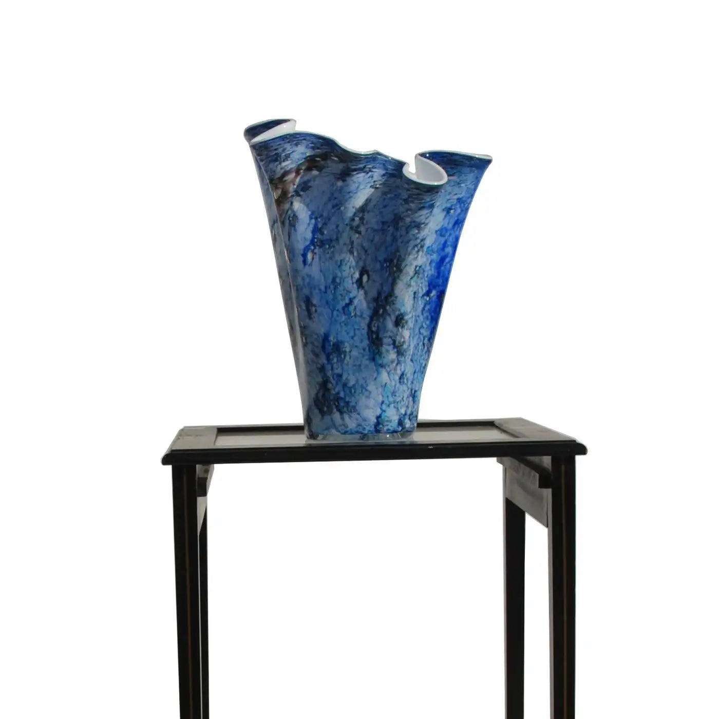 Hand Blown Fazzoletto Murano Style Folded Blue Vase