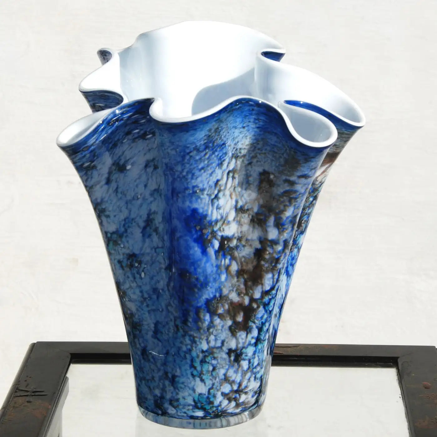 Hand Blown Fazzoletto Murano Style Folded Blue Vase