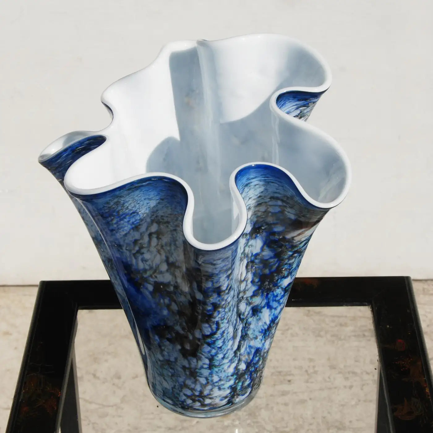 Hand Blown Fazzoletto Murano Style Folded Blue Vase