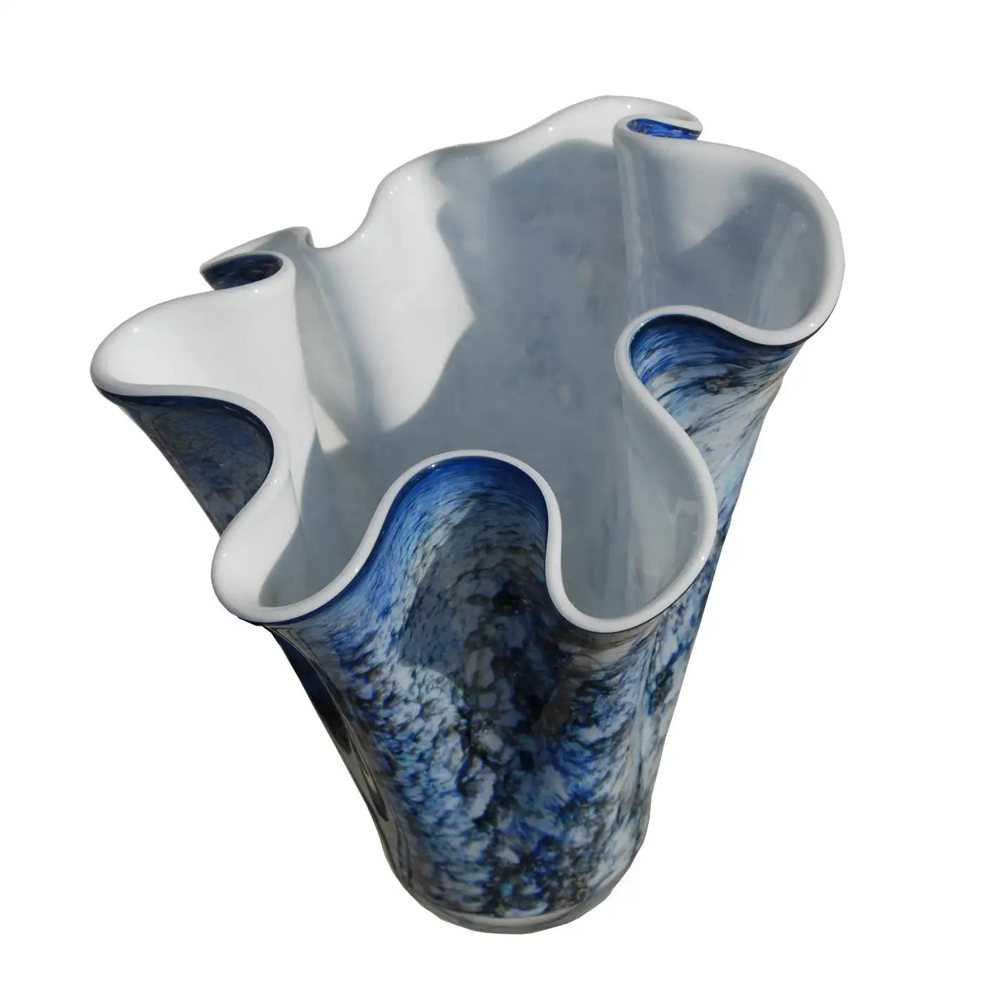 Hand Blown Fazzoletto Murano Style Folded Blue Vase