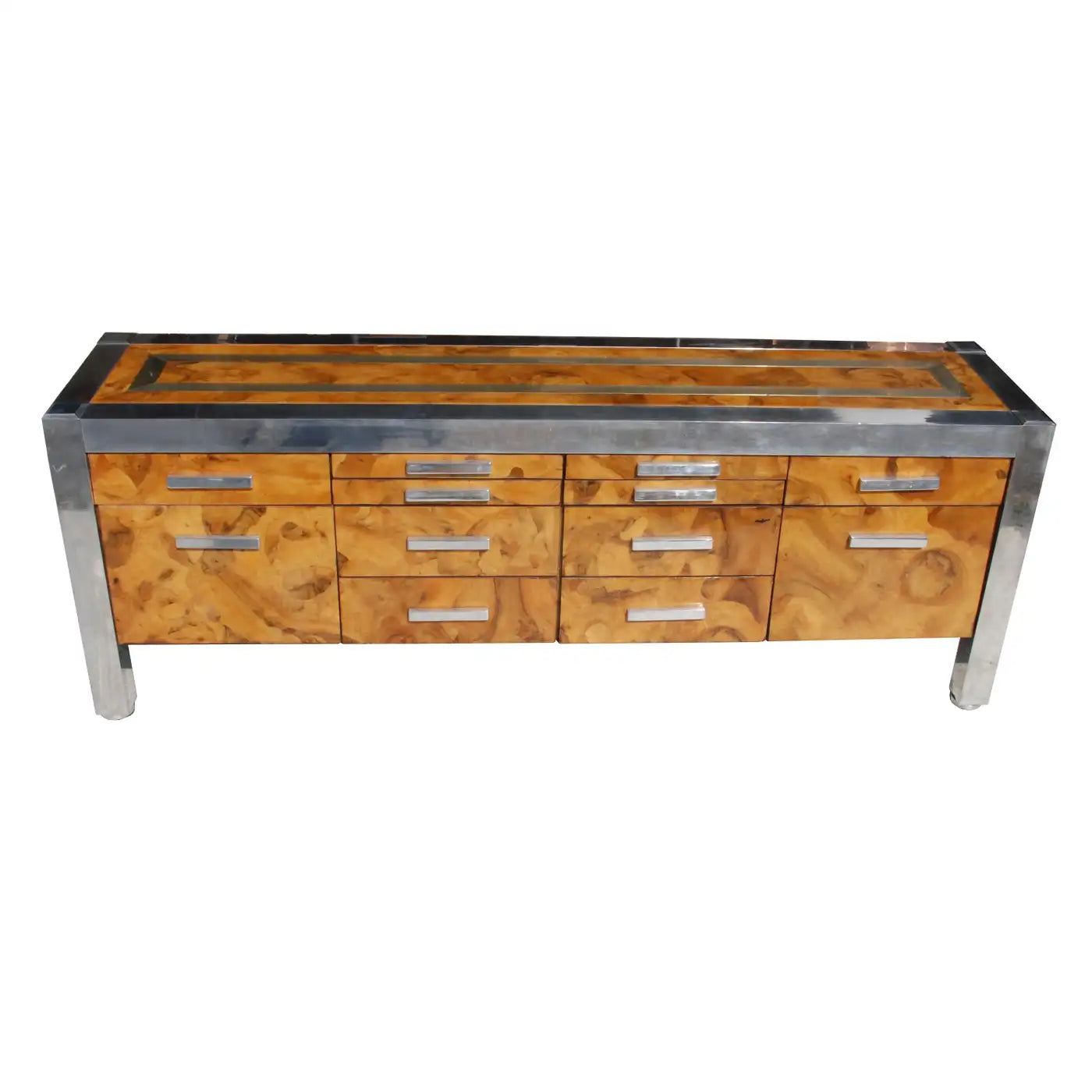 Leon Rosen for Pace Collection Burled Wood and Chrome Credenza