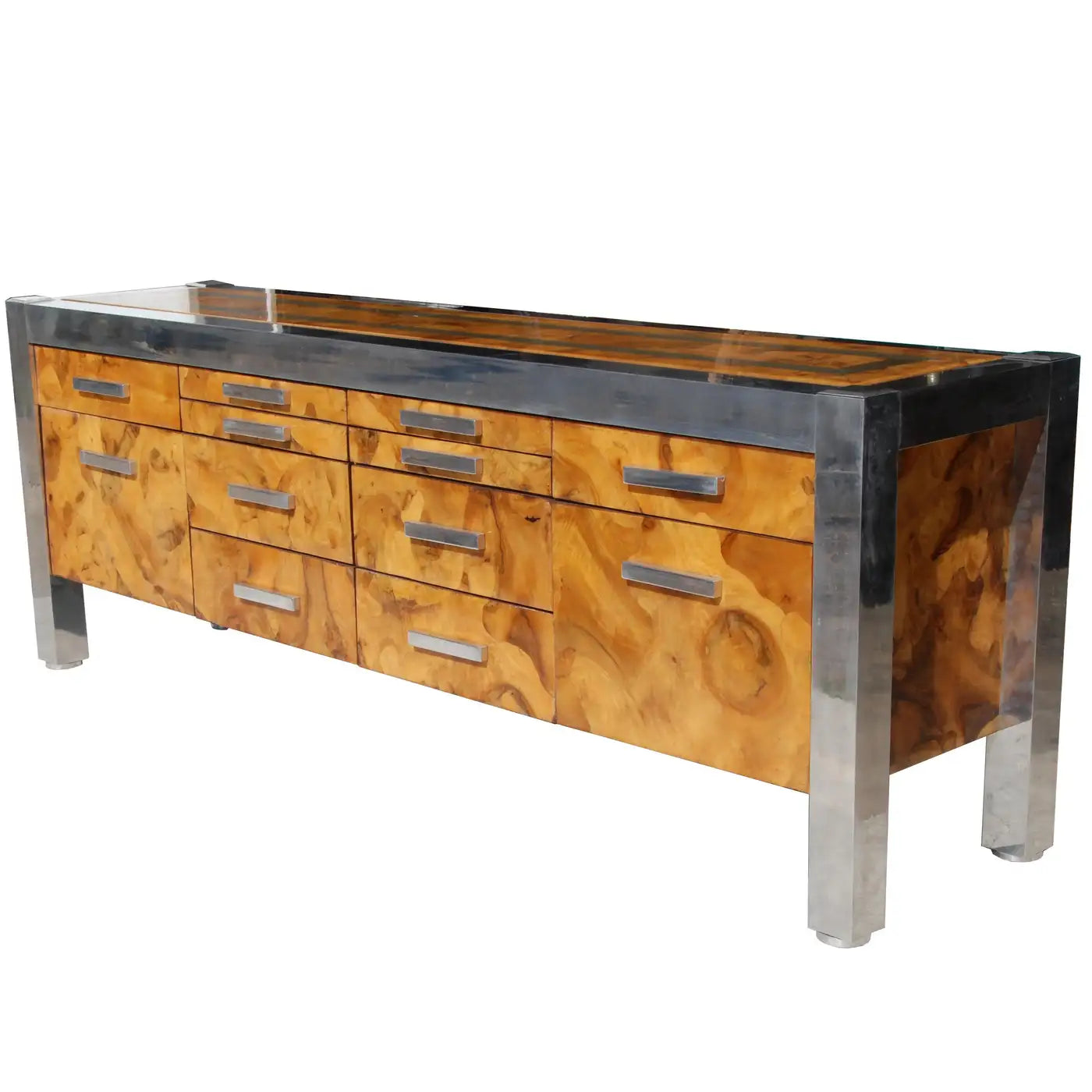 Leon Rosen for Pace Collection Burled Wood and Chrome Credenza