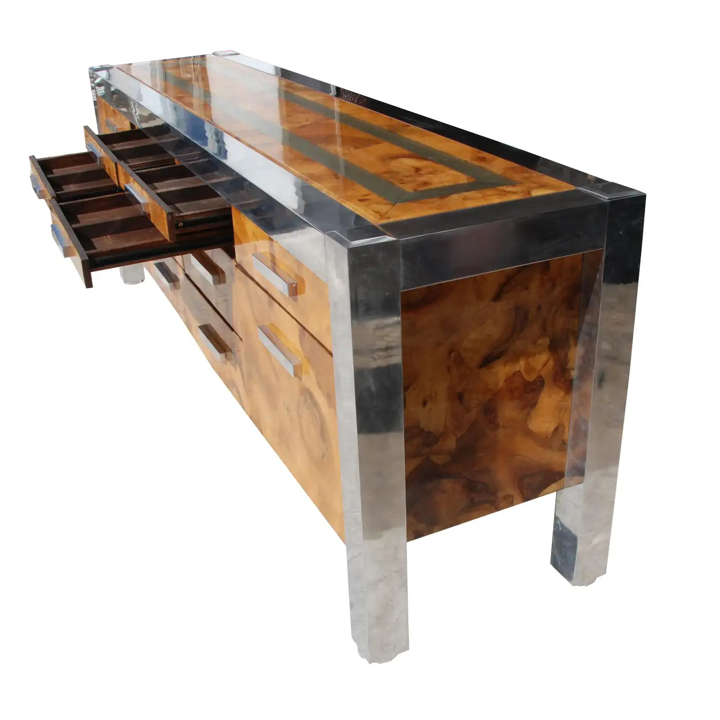 Leon Rosen for Pace Collection Burled Wood and Chrome Credenza