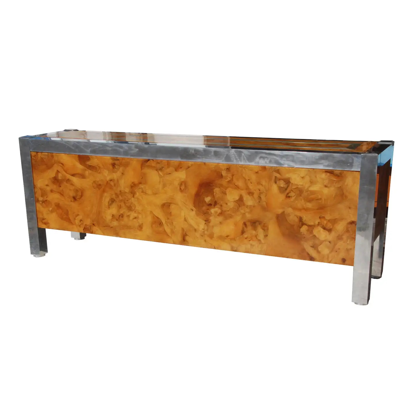 Leon Rosen for Pace Collection Burled Wood and Chrome Credenza