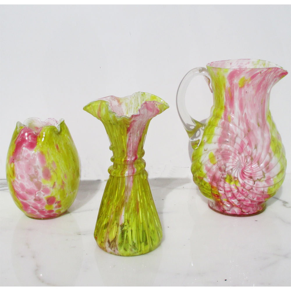 Set of 3 Pink and Yellow Murano Glass “Fazzoletto” Vases