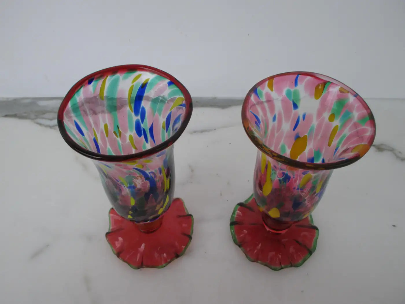 Pair of Multicolored Murano Goblets/Glasses with "Fazzoletto" Base