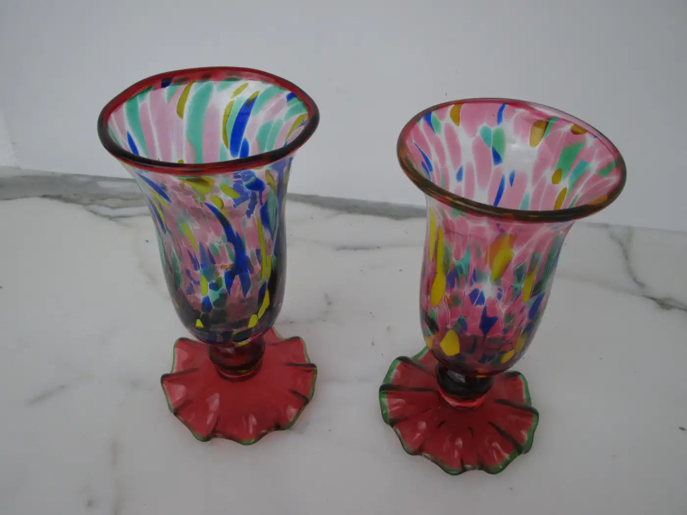 Pair of Multicolored Murano Goblets/Glasses with "Fazzoletto" Base