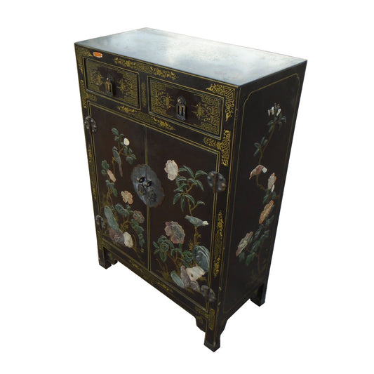 Chinese Black Lacquer Cabinet with Carved Stone Inlay (MR16082)