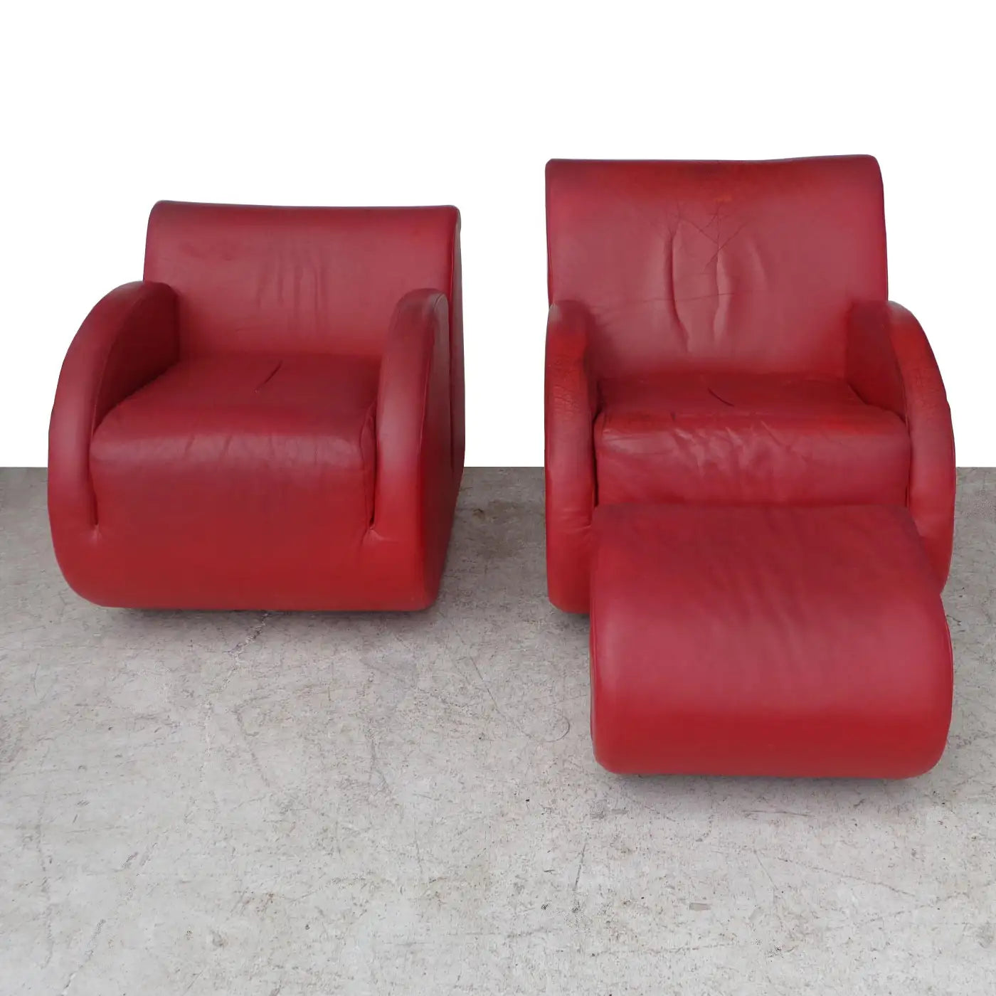 Pair of Vladimir Kagan "Rock Star" His and Her Lounge Chairs and Ottoman