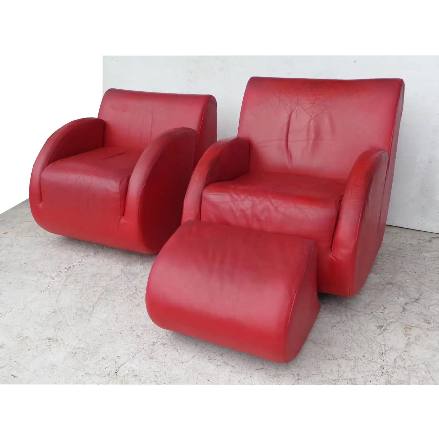 Pair of Vladimir Kagan "Rock Star" His and Her Lounge Chairs and Ottoman