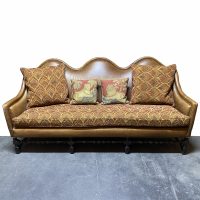 Vintage Arched Back Leather Sofa with Needlepoint Pillows