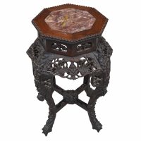 Antique Chinese Carved Teak Wood Floral Table with Marble Insert