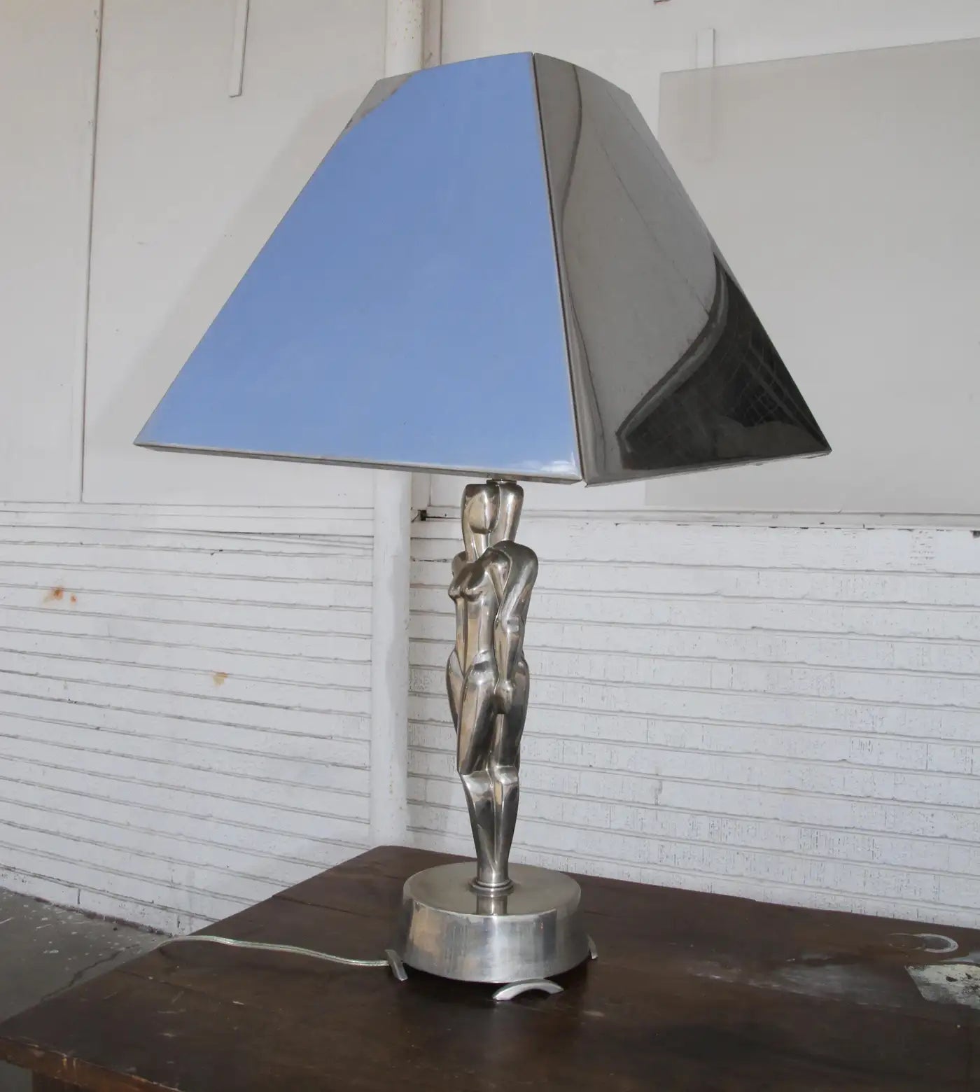 Restored Sculpted Art Deco Male Female Chromed Shade Table Lamp (MR7299)