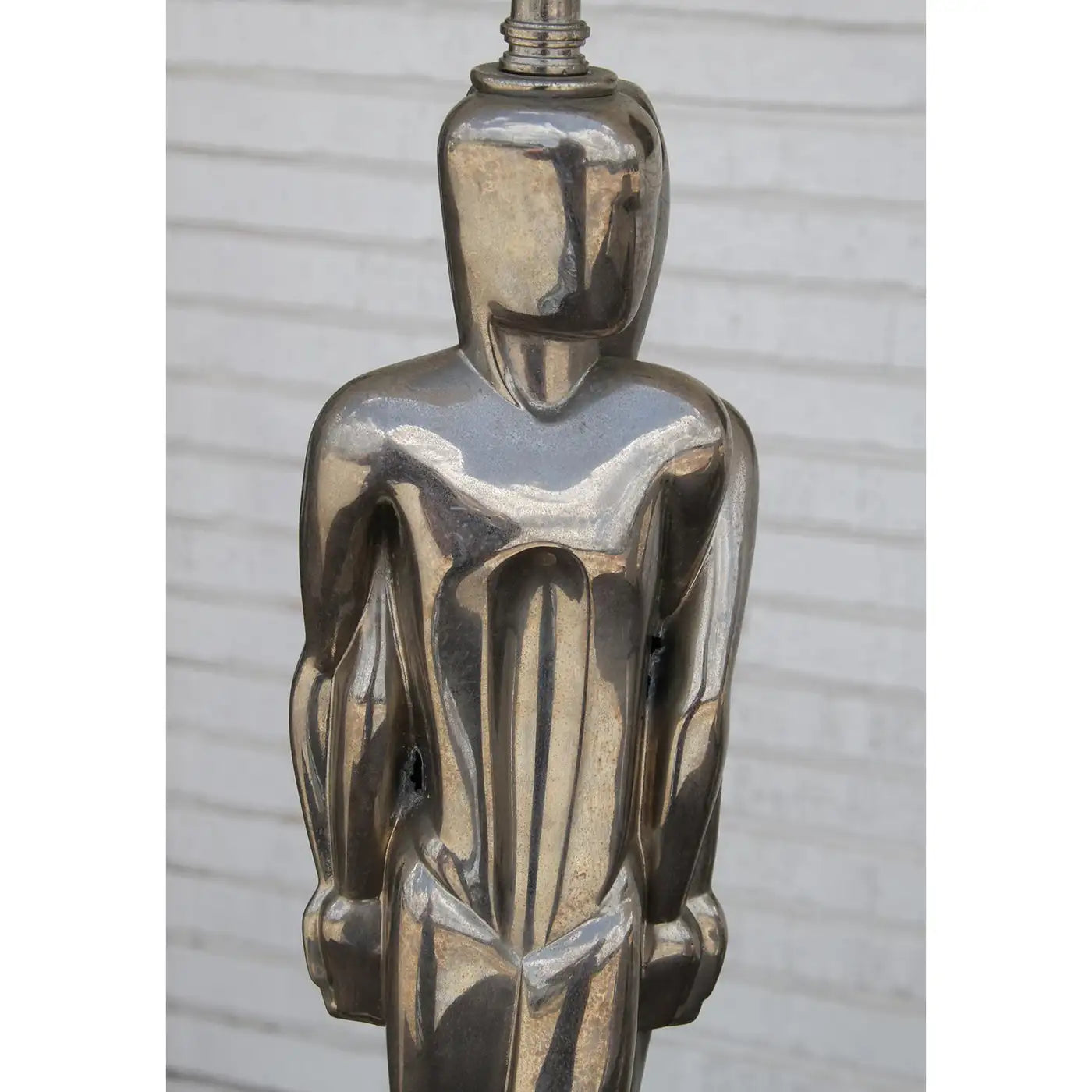 Restored Sculpted Art Deco Male Female Chromed Shade Table Lamp (MR7299)