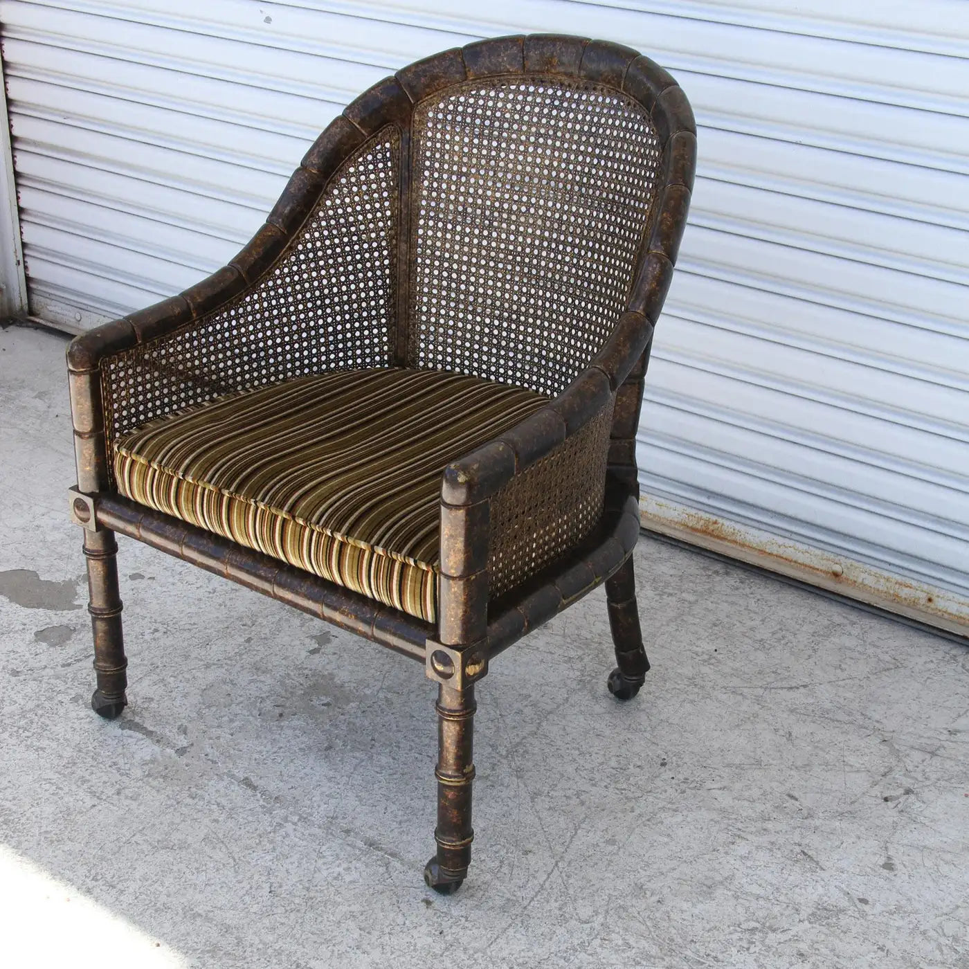 Pair John Widdicomb Cane Faux Bamboo Barrel Chairs