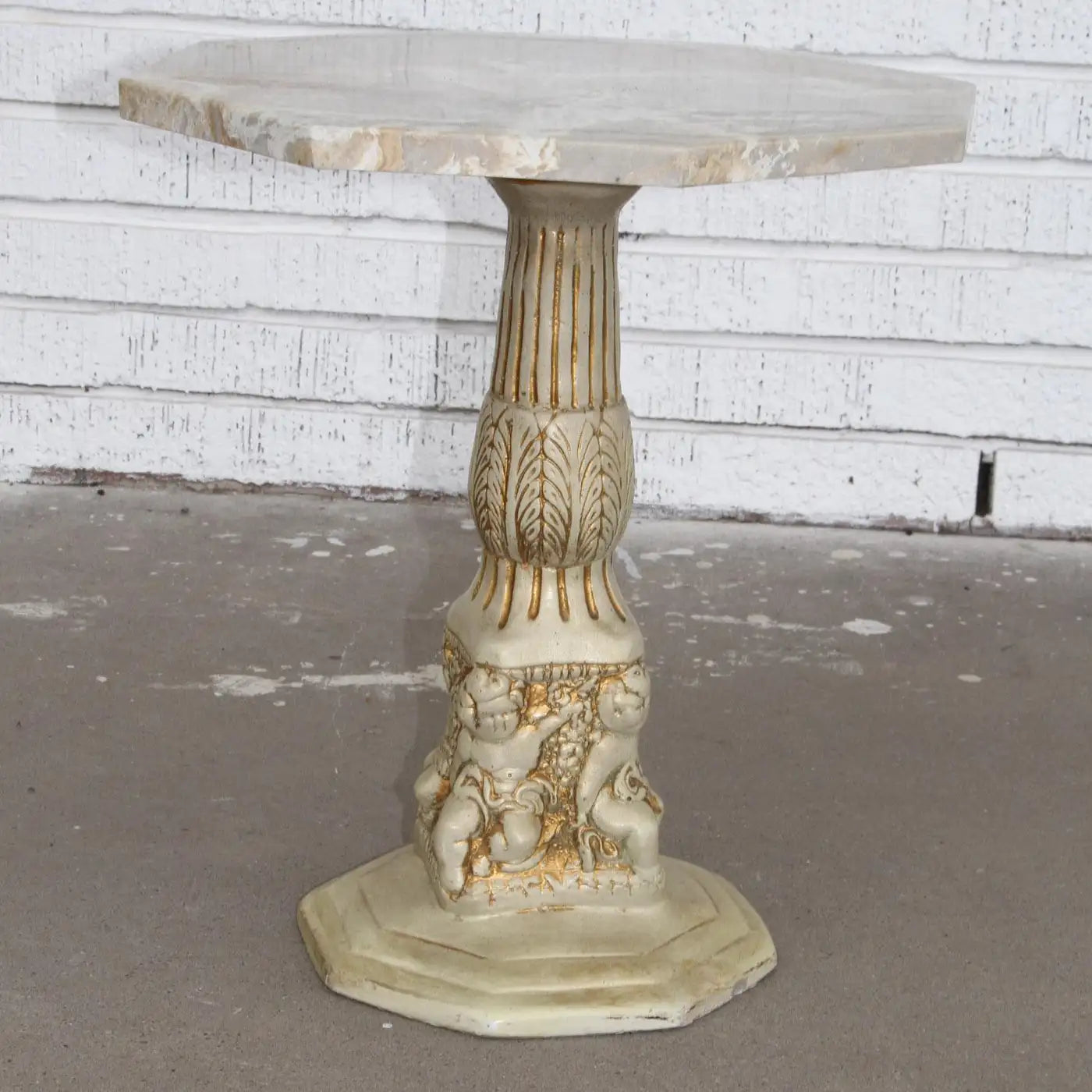 Side Table with Octogan Stone Top and Carved Base