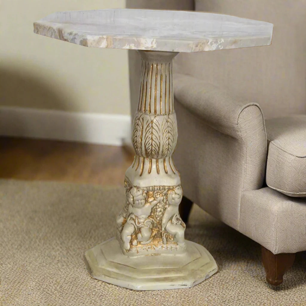 Side Table with Octogan Stone Top and Carved Base