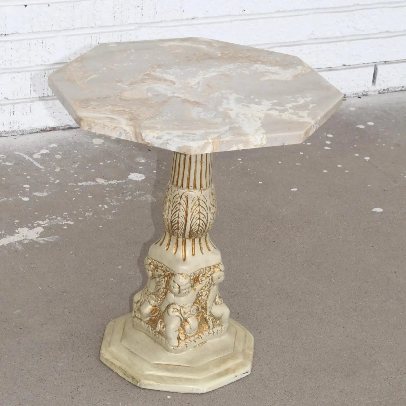 Side Table with Octogan Stone Top and Carved Base